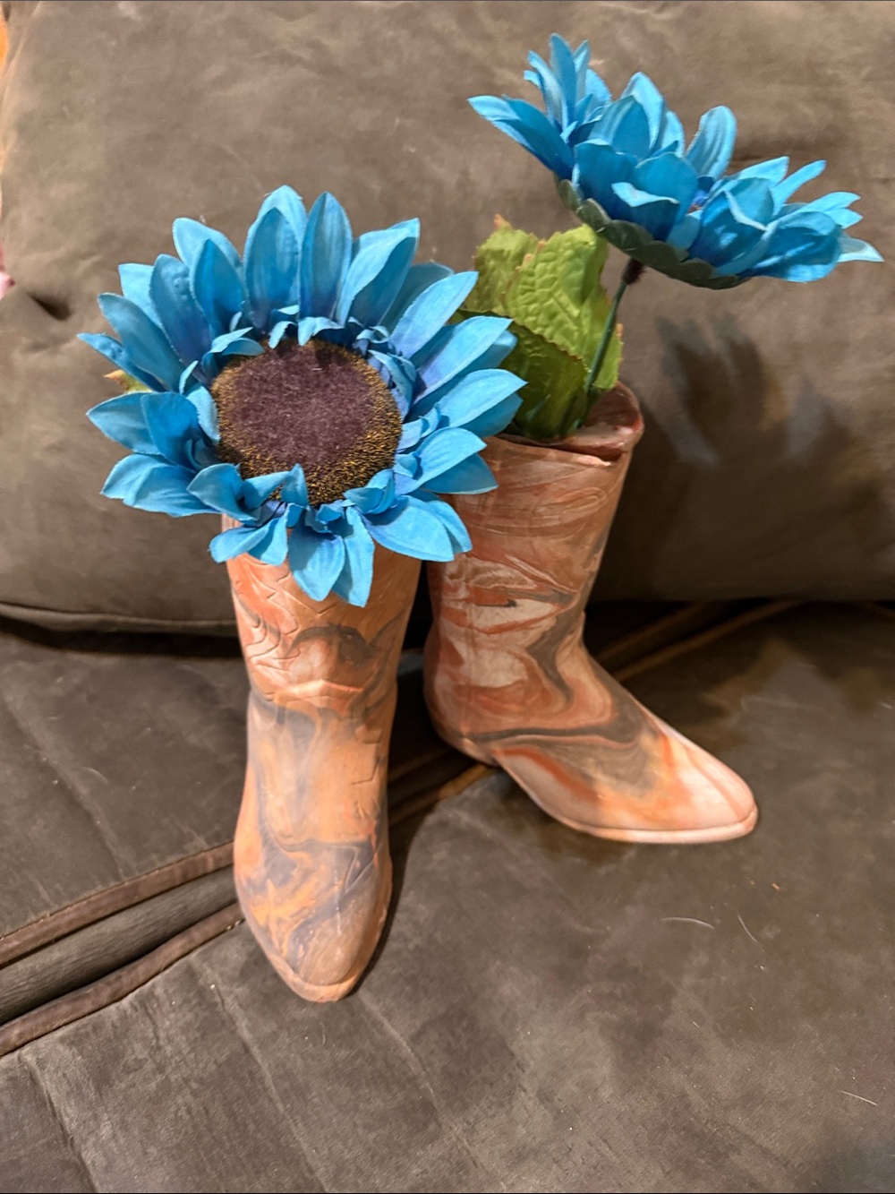 Vintage romco pottery cowgirl Decorative Boot Vases with Blue Sunflower Accents